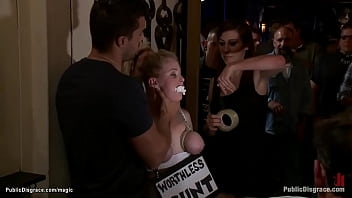 Dirty blonde slut Penny Pax is gagged and groped in public place by mistress Princess Donna Dolore and master Ramon Nomar then gets anal fucked