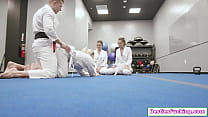 Sensei gets hot helping a karate hottie to stretch and the 3 bffs seduce him and give him a bj.A blonde is fucked as the busty brunette is facesitted